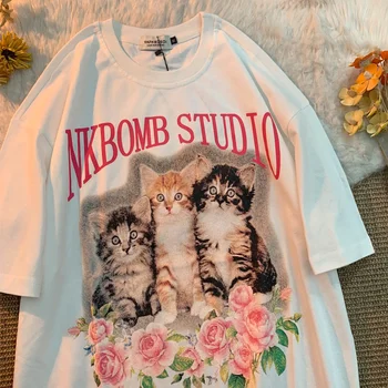 Японский ретро кот с короткими рукавами для мужчин и женщин, свободная корейская версия модной 