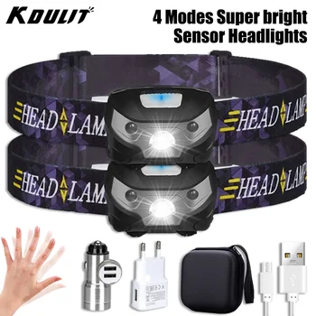 Мощный светодиодный налобный фонарь, USB Перезаряжаемая фара, датчик движения, головной фонарик со встроенным аккумулятором, фонарь для Кемпинга и рыбалки