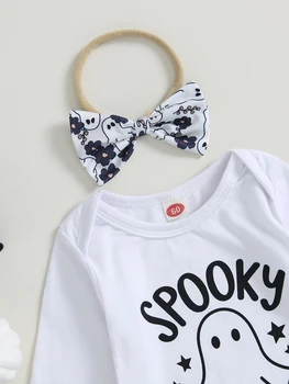 Жуткий милый детский наряд на Хэллоуин из 4 предметов с ползунками-призраками, топ с длинными рукавами, брюки, повязка на голову и шляпа для мальчиков и девочек