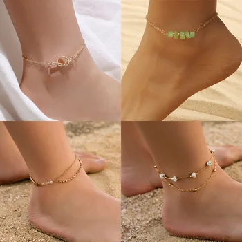 2023 Модный женский браслет на ногу с зелеными Нерегулярными камнями Пляжная обувь Ножные браслеты Летняя вечеринка Ювелирные изделия в богемном стиле
