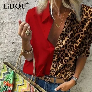 Летняя Модная Леопардовая Лоскутная Повседневная блузка Оверсайз с коротким рукавом, Женский Свободный Винтажный Пуловер, Топ, женские уличные рубашки