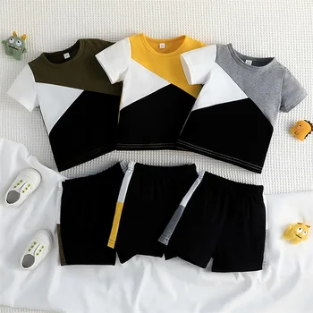 Летняя Одежда для маленьких мальчиков, футболка с короткими рукавами контрастной расцветки и Повседневные эластичные брюки, комплект от 9 месяцев до 4 лет