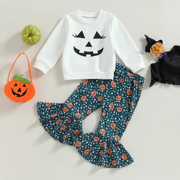 Наряды на Хэллоуин Для маленьких девочек, толстовка с длинными рукавами, Штаны с цветочным принтом в виде тыквы, комплект теплой детской одежды для малышей