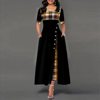 Женское Модное платье Макси с коротким рукавом в клетку и пуговицами 2023, Новое Летнее платье с коротким рукавом и круглым вырезом большого размера