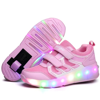 Детские светодиодные светящиеся теннисные туфли для мальчиков и девочек, Светящиеся детские кроссовки с одинарными/двойными колесами, легкая обувь для роликовых коньков