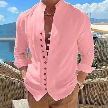 Новая мужская рубашка из хлопка и льна с длинным рукавом, весна-осень, однотонный топ, повседневная одежда со стоячим воротником, винтажная блузка, мужская рубашка