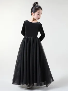 Вечернее платье 2023, новое черное платье с длинными рукавами, детское платье для выступления на 1 июня, юбка принцессы для девочек