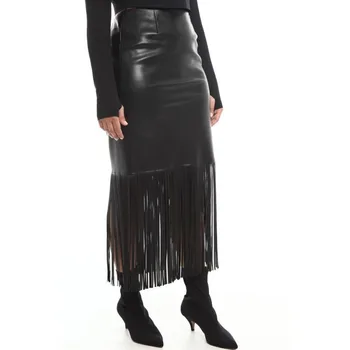 Женская Черная юбка из овчины, 100% Длинная юбка с кисточками, Европейский и американский модный Тренд