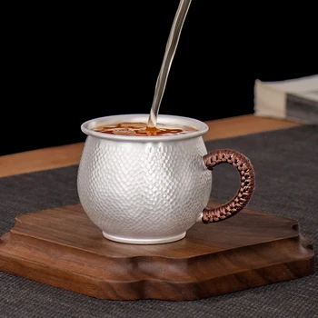 Стерлинговое серебро 999 пробы Чайная чашка с молотковым рисунком, ведущая чашка, ручка большой емкости, Образец чайной чашки, бытовая серебряная чашка большой емкости