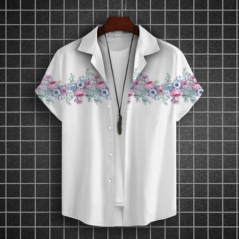 Простая мужская рубашка Летняя Повседневная рубашка с коротким рукавом Рубашки с цветочным принтом в полоску Модные топы Harajuku Негабаритная мужская одежда