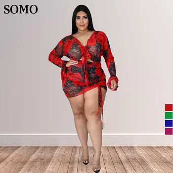 SOMO Fashion Street, сексуальная женская одежда Больших размеров, одежда для ночного клуба с принтом и завязками, юбка, комплект из двух предметов, Оптовая продажа, Прямая поставка