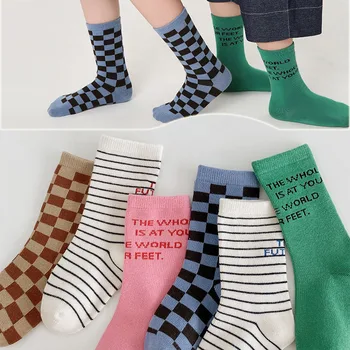 2023 Осенние детские носки Для девочек и мальчиков, Модные Хлопчатобумажные носки с рисунком шахматной доски для детей от 3 до 12 лет