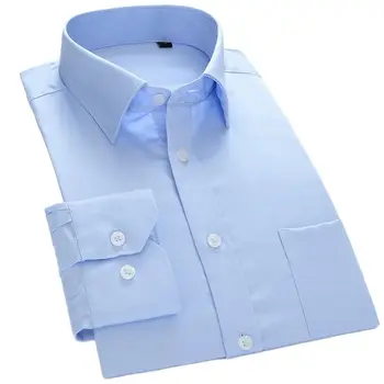 Мужские рубашки из 100% Мерсеризованного хлопка, деловые, с длинным рукавом, Однотонные, приталенные, Вечерние Рубашки, Мужские, Белые, светло-синие, с карманом, мягкие