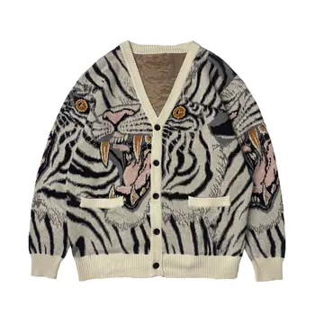 Оригинальный мужской уличный Ретро персонализированный жаккардовый японский свитер с V-образным вырезом и тотемом тигра, вязаный кардиган, куртка