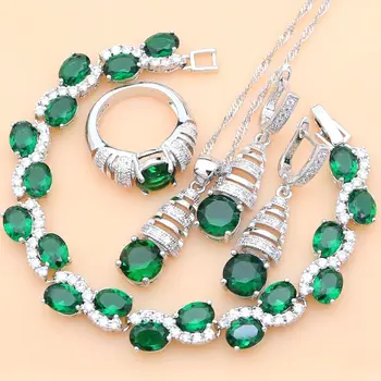 Женский подарок на годовщину, свадебный ювелирный набор, Ожерелье, Серьги, Кольцо, Свадебный браслет из серебра 925 пробы с зеленым кристаллом Циркона