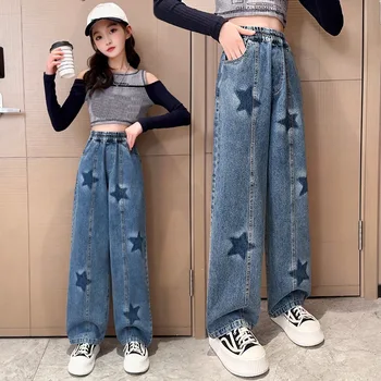 Детские широкие джинсы Весна 2023, модные школьные штаны для подростков, повседневные свободные прямые брюки для девочек