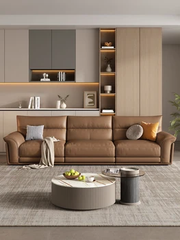 Роскошный итальянский кожаный диван гостиная наппа первый этаж из воловьей кожи минималистичный современный встроенный кожаный диван комбинированная мебель