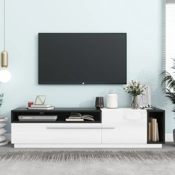 Двухцветная дизайнерская подставка для телевизора с серебряными ручками и вместительным хранилищем, глянцевый ТВ-шкаф в шикарном стиле, мультимедийная консоль для телевизоров до 70 дюймов