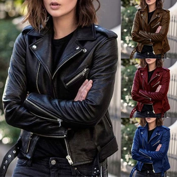 Женская куртка из искусственной кожи с тонкими поясами, повседневные байкерские куртки, верхняя одежда, женские топы, черная кожаная куртка в стиле BF, пальто