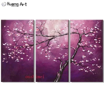 Высококачественная современная фиолетовая картина маслом на холсте, 3 шт. в наборе, Групповые картины маслом, Пейзаж с цветущим деревом сливы, настенная живопись