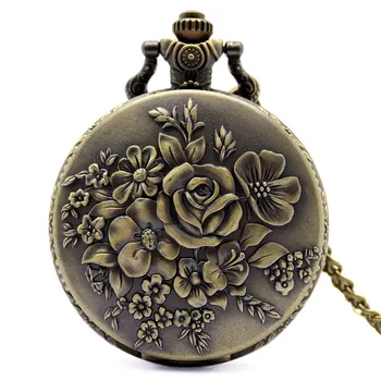 Элегантные ретро Бронзовые цветы Bloom Женские Кварцевые карманные часы Подвеска для дам Винтажный Брелок Ожерелье Цепочка Часы Лучшие подарки