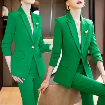 Зеленый костюм, женская деловая одежда, способный темперамент, весенне-осенняя официальная одежда для собеседований, рабочая одежда, куртка, комбинезон