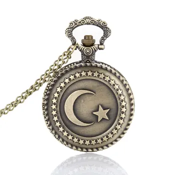 Антикварные Бронзовые Карманные часы с изображением турецкого флага в стиле Луны и звезд с цепочкой-колье LL @ 17