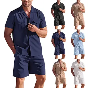 Новый летний мужской льняной комплект рубашек с короткими рукавами, Свободный повседневный хлопковый льняной кардиган, рубашка + шорты, комплект из двух предметов
