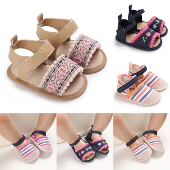 0-18 м Летние сандалии для маленьких девочек, вязаные вышитые туфли на плоской подошве Для Новорожденных, обувь для первых прогулок на мягкой подошве