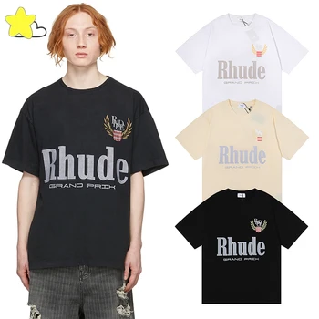 Логотип RHUDE с буквенным принтом, короткий рукав, мужские и женские футболки высокого качества, повседневные футболки Rhude с круглым вырезом
