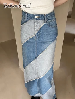 TWOTWINSTYLE, Хитовые джинсовые юбки для женщин, прямая винтажная юбка с разрезом в стиле пэчворк и кисточками, с высокой талией, Женская модная одежда