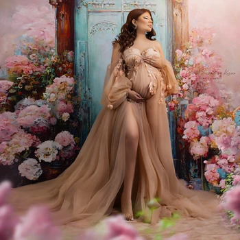 Очаровательные халаты цвета шампанского для беременных для фотосессии, Трапециевидные платья с аппликацией Для беременных, Сексуальные платья для Душа ребенка с длинными рукавами