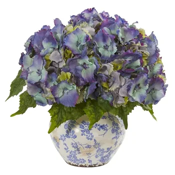 Искусственная гортензия в вазе с цветочным дизайном, синий