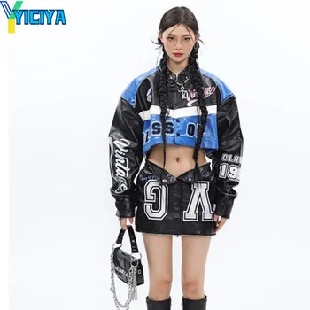 Женская университетская куртка-бомбер YICIYA, Съемная черная мотоциклетная кожаная бейсбольная куртка Оверсайз, пальто с длинными рукавами, топы