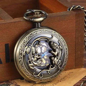 Бронзовые Стальные Механические карманные часы в стиле ретро Стимпанк со скелетом, С двумя ящерицами, с ручным заводом, Мужские Часы с гравировкой, Часы-брелок с цепочкой