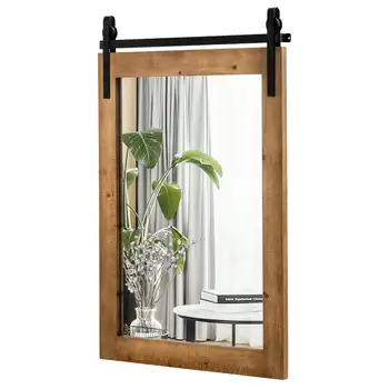 Настенное зеркальное украшение, туалетное зеркало в деревянной раме, стиль двери сарая, коричневая круглая зеркальная пластина, винтажное зеркальное украшение Espej