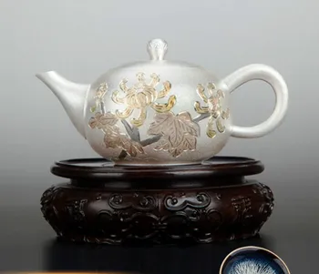 Чайник ручной работы из стерлингового серебра со сливовым позолотой, заварочный чайник, чайный набор кунг-фу