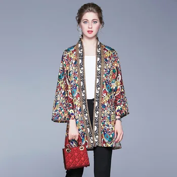 Весенне-осенний винтажный кардиган с принтом в этническом стиле, плащ средней длины, Свободная куртка с длинными рукавами