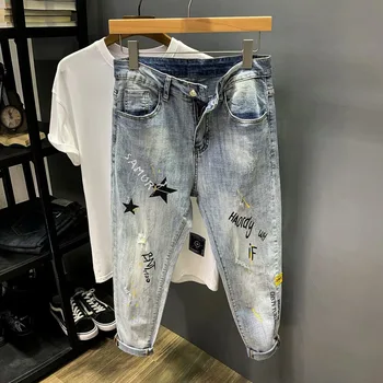 Весенне-осенняя Корейская версия потертых джинсов, мужские Модные Брендовые Свободные Повседневные Длинные брюки Harlan Small Leg, облегающие
