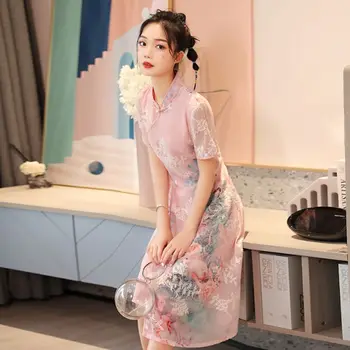 Лето 2023, Повседневное Платье средней длины AoDai Cheongsam, Улучшенное Современное Китайское Традиционное Платье, Тонкое Элегантное Модное Ципао для Женщин 4XL