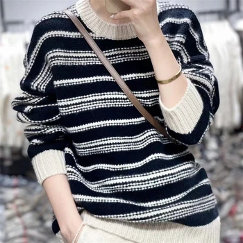Новый кашемировый свитер с круглым вырезом, женский пуловер в полоску с цветными блоками, свободный свитер из 100% чистой шерсти, трикотажная нижняя рубашка в корейском стиле