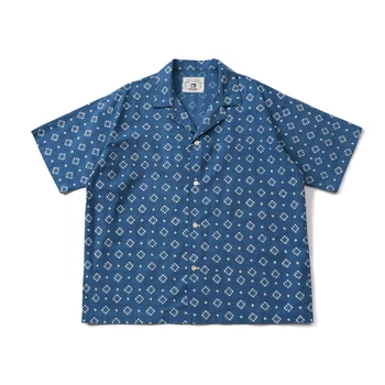 Японская синяя краска с выдвижным кубинским воротником, летняя рубашка в стиле ретро с короткими рукавами, мужские и женские рубашки Amekaki