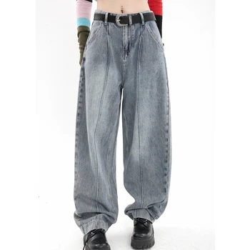 Женские Низы, Серые джинсы, Осенние Винтажные прямые брюки, американский хип-хоп, Негабаритные модные джинсовые брюки с широкими штанинами для отдыха