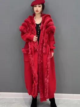 URIOR / Новинка зимы 2023, Модная женская ветровка из утолщенного плюша большого размера, элегантный тренч крупной вязки серого и красного цветов