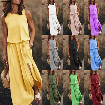 Новое летнее женское платье без рукавов в европейском и американском стиле 2023 года, многоцветное однотонное платье с разрезом