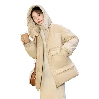 Женское зимнее Ветрозащитное пальто Миди с капюшоном и большим карманом, Женская пуховая куртка, Парки с хлопковой подкладкой, Верхняя одежда, пальто