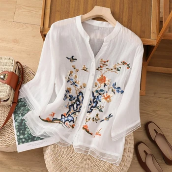 YCMYUNYAN Винтажные блузки с вышивкой, женские рубашки в китайском стиле, Летняя свободная женская одежда с короткими рукавами, хлопковые льняные топы