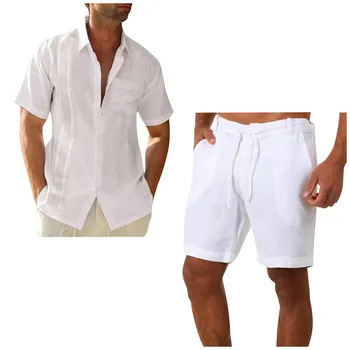 Летний мужской комплект из хлопчатобумажной льняной рубашки 2023, повседневный уличный костюм из 2 предметов, Домашняя одежда, пижама, Мягкий дышащий пляжный комплект с коротким рукавом