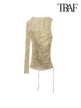 Женские модные полупрозрачные блузки из тюля с регулируемой завязкой, Винтажные женские рубашки с длинным рукавом, шикарные топы