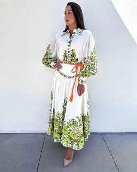 Женская рубашка из 100% льна с цветочным принтом, однобортная блузка с рукавами-фонариками или длинная юбка на шнуровке с высокой талией